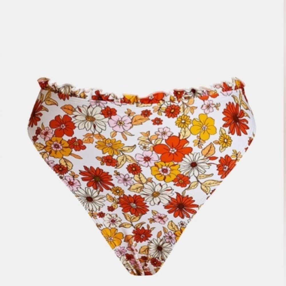 Cupshe White Floral High-Waist Bikini Bottoms with Orange & Yellow Flowers